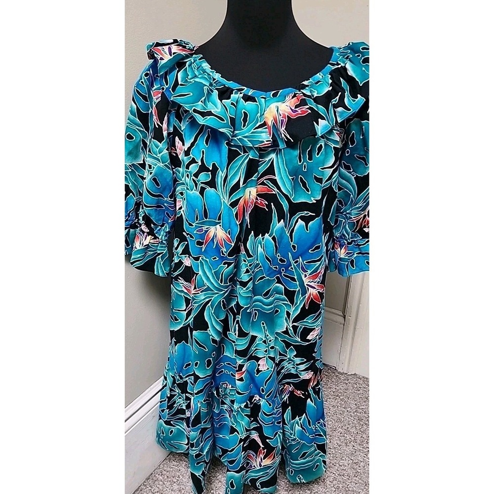 VTG Hilo Hattie Ruffle Blue Bird Of Paradise MIDI Hawaiian MuuMuu Dress Large